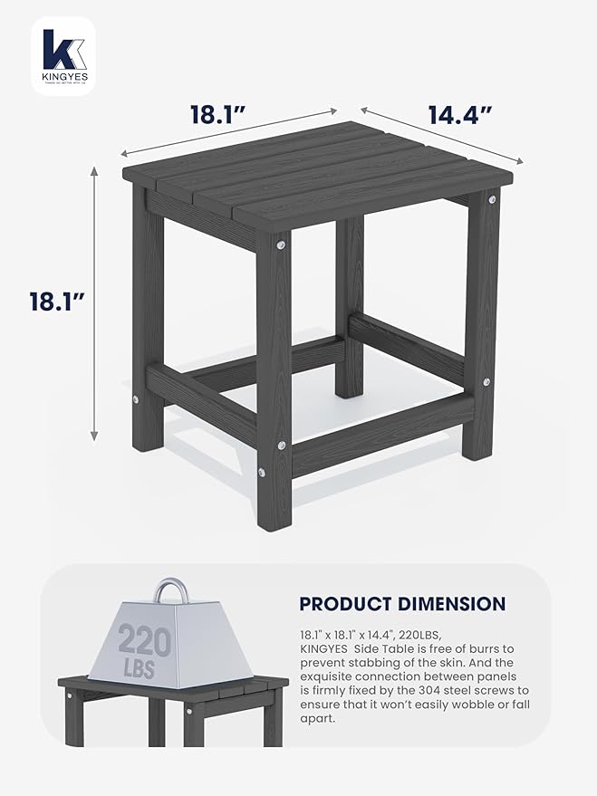 KINGYES HDPE Outdoor Side Table, Adirondack Side Table for Patio, Garden, Poolside, Grey