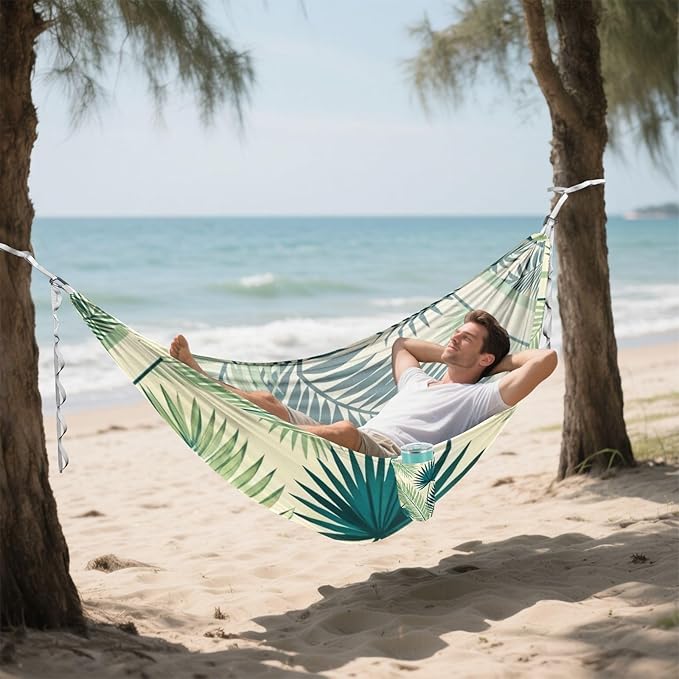 Tropical Palm Leaves Outdoor Hammock with Tree Straps for Outside Patio Garden