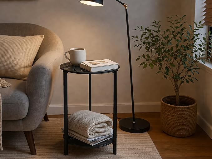 2-Tier Metal Round Side Table Black Accent Coffee Tables Small Space Corner Plant Stand Shelf for Indoor Outdoor Use Patio Balcony End Table Laser-Cut Monstera Leaf Weather-Resistant