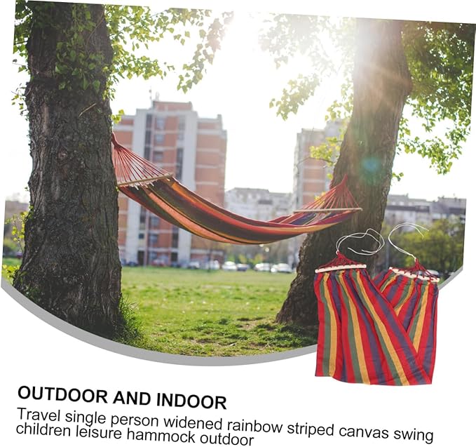 UPKOCH Rainbow Striped Canvas Single Person Hammock Outdoor Swing with Anti-tip Design for Travel and Leisure Use