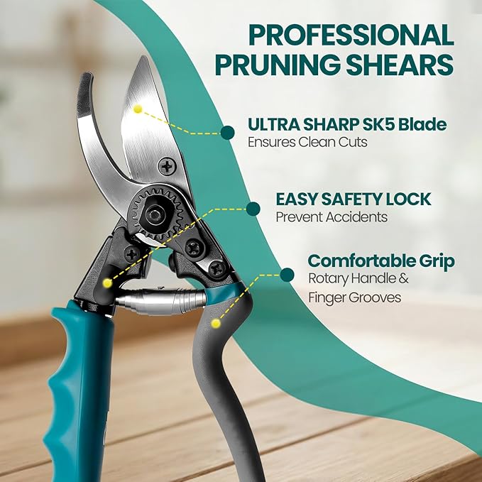 S2U Pruning Shears for Gardening, Heavy Duty Bypass Garden Clippers with Kinetic Swivel Handle, Arthritis Friendly Garden Shears & Plant Scissors, Bonus SK5 Replacement Blade Included (8 Inch)