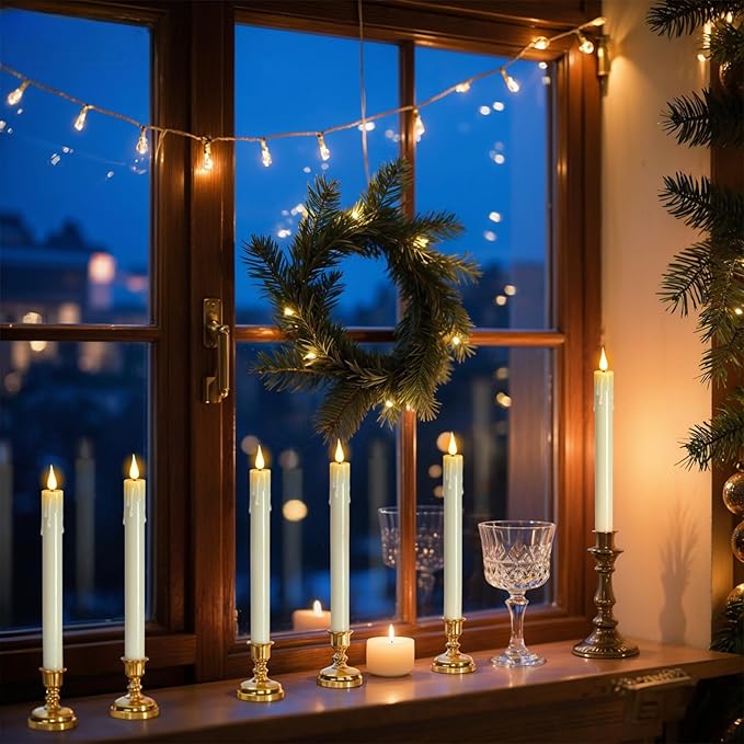 DRomance Christmas Flameless Window Taper Candles Battery Operated with Remote and Timer, 6 Pack Ivory Plastic Dripping LED Flickering Candles with Suction Cups Holiday Indoor Decor(Gold Holders)