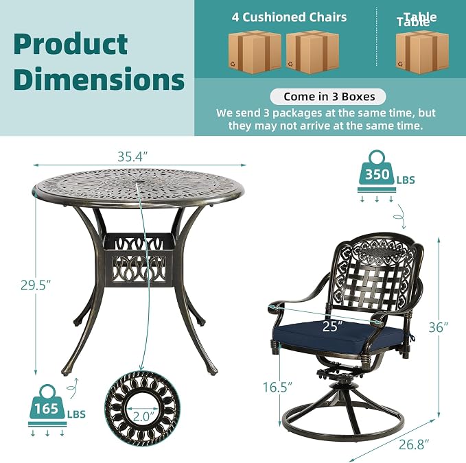 MEETWARM 5-Piece Outdoor Patio Dining Set, All-Weather Cast Aluminum Patio Conversation Set with 4 Cushions Swivel Rocker Chairs for Backyard Garden Deck and 35.4" Round Table, Navy Blue