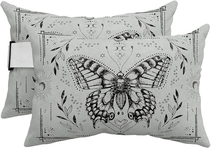 Outdoor Pillows Covers with Inserts Butterfly Abstract Lines Hand Drawn Waterproof Recliner Pillow with Adjustable Strap Throw Pillows for Patio Furniture Pool Lounge Chair, 12x20 inch, 2PCS