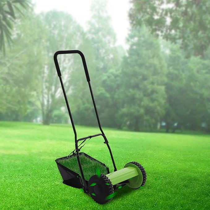 12 Inch Push Reel Lawn Mower 5 Blades Grass Catcher Manual Lawn Mowers Walk with Adjustable Height Black/Green Roller Lawn Mower for Picking up Leaves Grass and Debris on Lawns