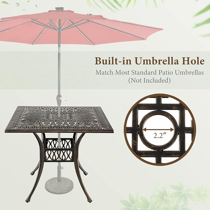 Tangkula 35.4 Inches Outdoor Dining Table, All-Weather Cast Aluminum Table with Umbrella Hole, 4 Person Square Dining Table for Garden, Backyard and Poolside