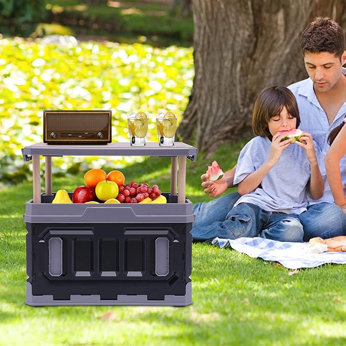 Storage Box, 3 Layers Raised 95 L Folding Table, Portable Foldable Stackable Food Container Box, Picnic Camping Outdoor BBQ Organizer Bins, Black&Grey