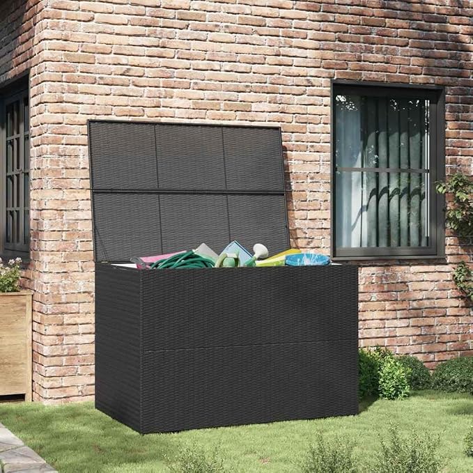 Outdoor Storage Box Black PE Rattan Powder-Coated Steel 4-Piece Set with Weather-Resistant Design and Spacious Compartment for Garden Tools and Cushions