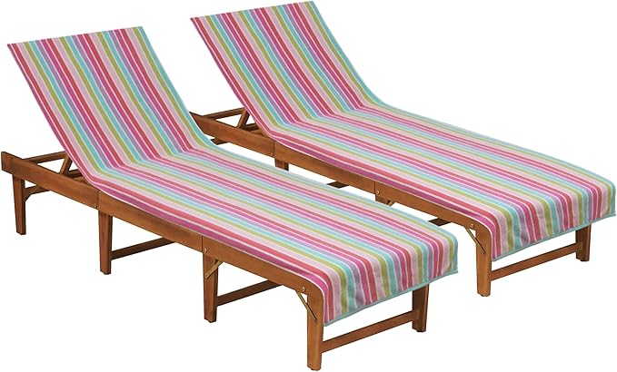 COTTON CRAFT Pool Lounge Chair Cover - 2 Pack Dobby Terry Stripe Chaise Lounge Cover - Soft 100% Cotton Towel Beach Chair Cover - Oversized 32 in W x 82 in Length x 7 in Pocket – Pink Multi