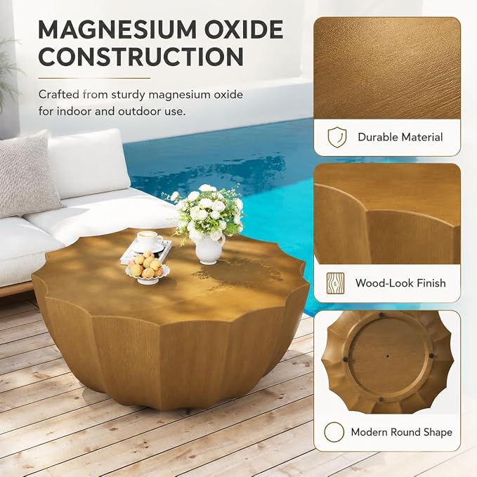 35.43" Concrete Outdoor Table,Modern Round Stone Coffee Table,Waterproof Outdoor Coffee Table for Patio for Terraces, Gardens, Backyards and Living Rooms (Natural, 35.43")
