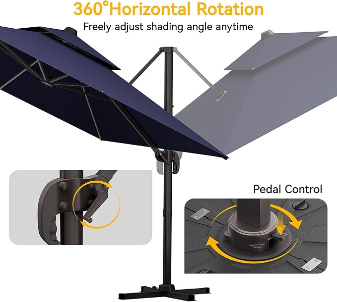 10x10 FT Patio Cantilever Umbrella (Base Not Included) (Base Not Included), Rectangular Heavy Duty Offset Umbrella for 6-8 People, 360°Rotation & Mult Tilt, Double Top Design, for Pool Garden Deck (Navy)