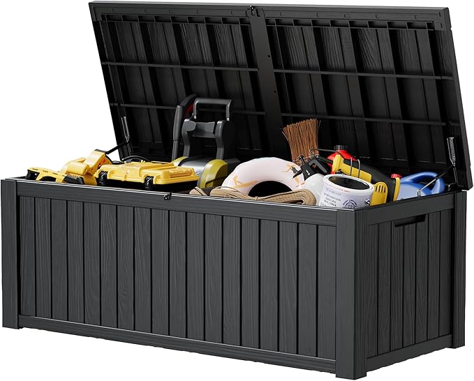 KAMABOKO Outdoor Storage Box, 230 Gallon Large Outdoor Resin Deck Box, Storage Waterproof Boxes Lockable Lid for Garden Tools, Pool Supplies, Patio Furniture and Cushions, Black