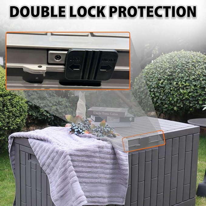 Outdoor Storage Box, Weatherproof Resin Deck Bin with Heavy-Duty Lid, High Load Capacity, Perfect for Patio Furniture, Garden Equipment, and Pool Accessories 804C