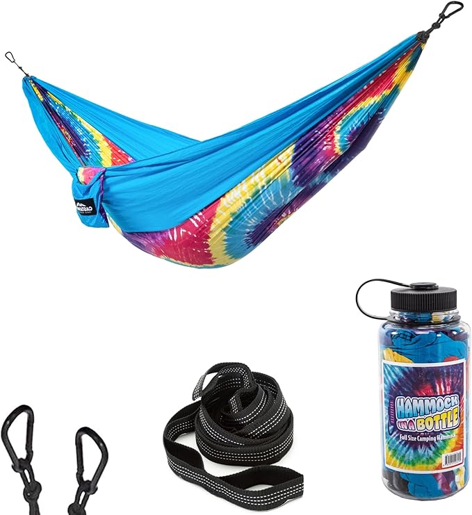 Hammock in a Bottle by Castaway Living, Tiedye Double Camping Hammock with 2 Tree Straps, 32 oz. Bottle, Triple Stitched Durable Nylon Material, Compact Design for Travel, Beach, Backyard, 400 Lbs.