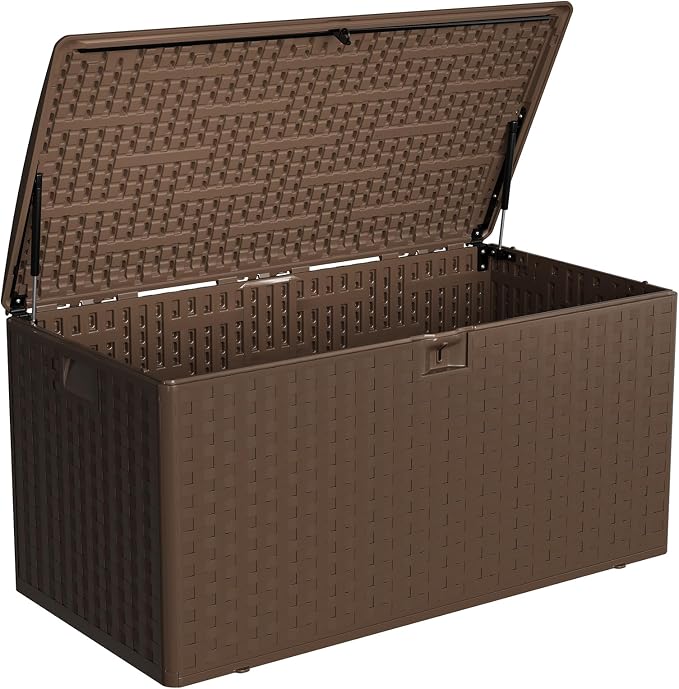 Patikuin 100 Gallon Outdoor Deck Storage Box with Hydraulic Gas Struts, Waterproof Resin Patio Container with Lockable Lid, Soft-Close, Handles & 2-Seat Bench for Garden Tools, Cushions, Brown