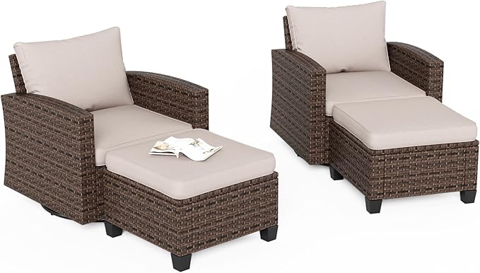 4 Pieces Swivel Wicker Patio Furniture Set, Rattan Outdoor Conversation Set with 2 Pieces Swivel Glider Chairs, 2 Pieces Ottomans, Beige