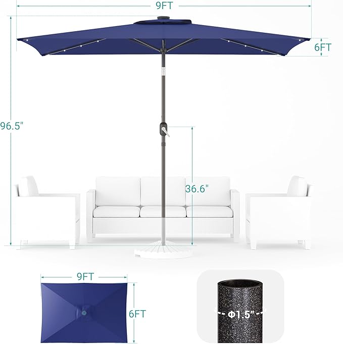 Rectangle Patio Umbrella with Solar Lights, 6x9ft Outdoor Rectangular Table Market Umbrella Patio with Push Button Tilt and Crank for Pool, Deck, Garden,Backyard