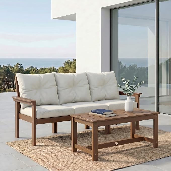 HDPE 4 Piece Patio Furniture Set, All-Weather Outdoor Couch with Thick Cushions & Coffee Table, Patio Conversation Sets for Lawn, Garden, Porch, Balcony, Deck, Poolside,Teak Frame Beige Cushion