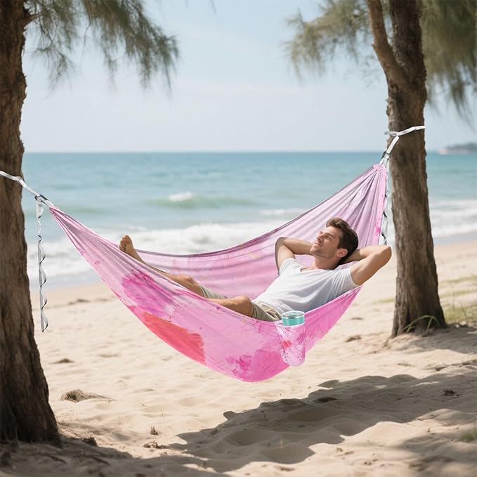 Abstract Art Square Splash Ink Pink Outdoor Hammock with Portabl Carry Bag Cloth Hammock for Indoor Outdoor Patio