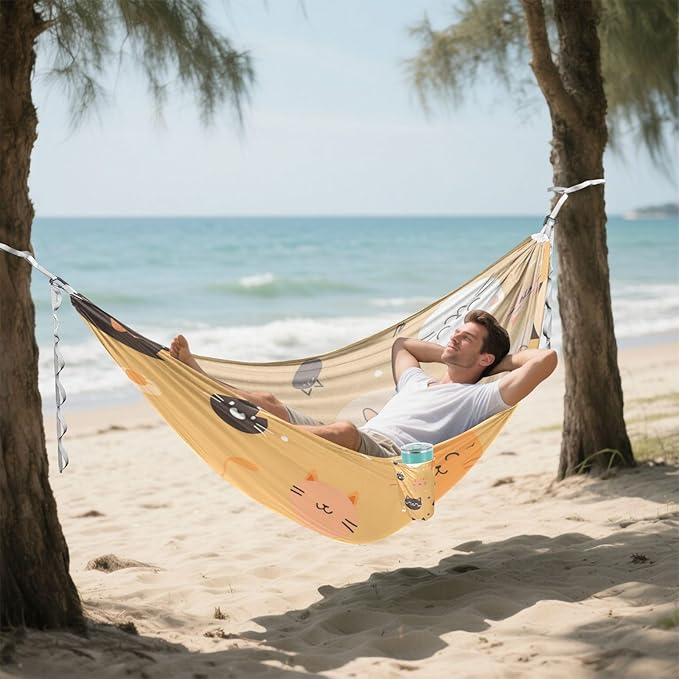 Cute Cartoon Cat 330lb Capacity Camping Hammock with Portabl Carry Bag Tree Hammock for Outside Patio Backyard Poolside hamacas para adultos 2 Personas