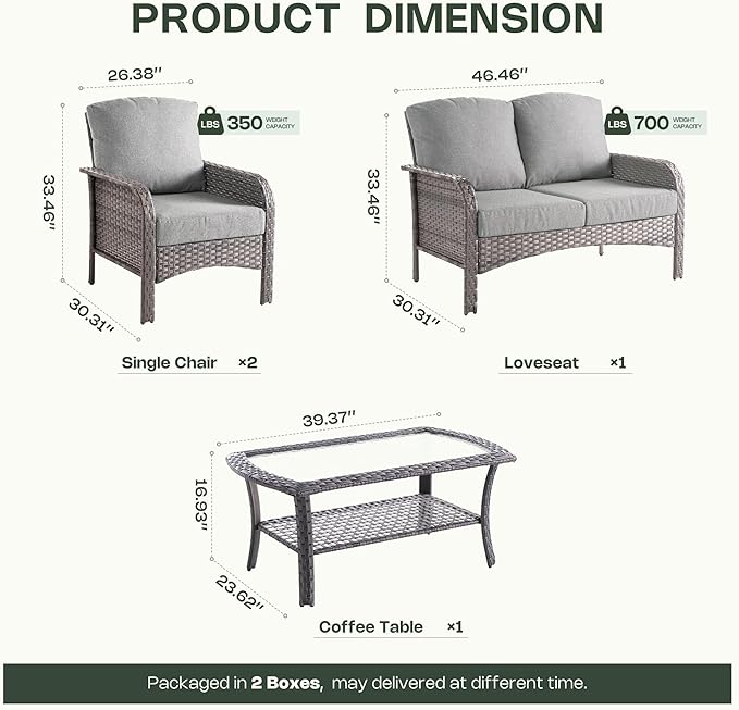4-Piece Patio Furniture Set, Outdoor Wicker Furniture with Coffee Table, All Weather High Back Loveseat Patio Chairs, Modern Rattan Outdoor Chairs Conversation Set for Porch, Balcony, Garden,Dark Gray