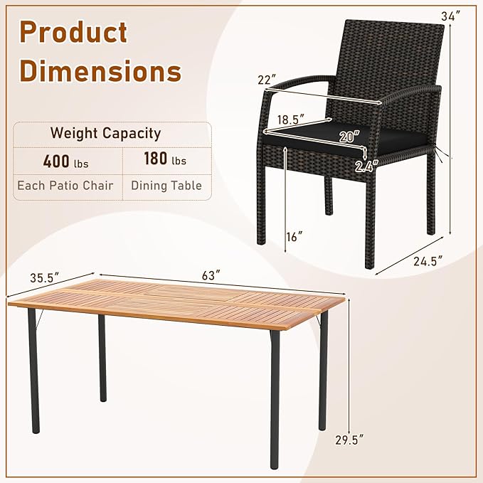Tangkula 7 Pieces Outdoor Dining Set, Patio Acacia Wood Table and PE Rattan Chairs with Soft Cushions and 2” Umbrella Hole for Deck, Garden and Backyard