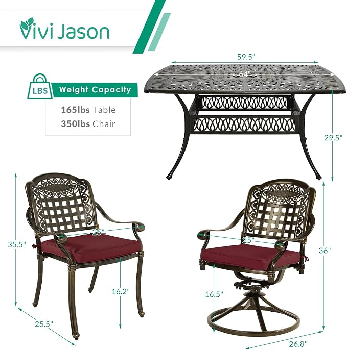 VIVIJASON 9-Piece Outdoor Dining Set, Cast Aluminum Patio Table & Chair Furniture Set for 8, Include Large 64" Square Dining Table, 4 Swivel Rocker Chairs, 4 Stationary Chairs, Umbrella Hole, Red