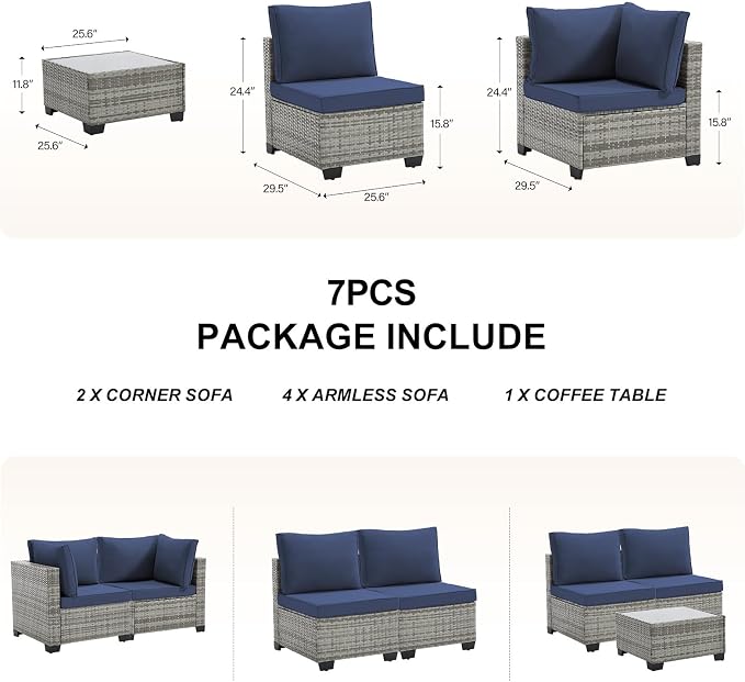 CANMOV 7 Pieces Patio Furniture Sets, All Weather Outdoor Patio Conversation Set, PE Wicker Rattan Sectional Sofa Couch Glass Coffee Table Washable Cushions for Backyard Garden,Poolside, Navy Blue