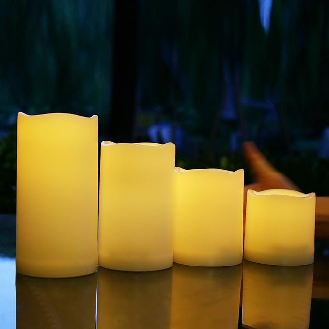 4 Waterproof Outdoor Battery Operated Flameless LED Pillar Candles with Remote Flickering Plastic Electric Decorative Light Set for Home Décor Garden Patio Decoration Party Wedding Supplies 3x3 Inches