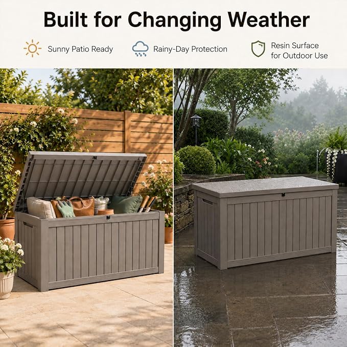 155 Gallon Outdoor Deck Storage Box, Large Waterproof Resin Patio Storage Box, Lockable Bench Seat Holds 2 Adults, for Garden Tools, Cushions & Pool Floats, UV & Rust Resistant, Gray Brown