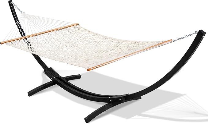 Lazy Daze Hammocks Outside Rope Hammock with 13 FT Curved Steel Heavy Duty Stand for Outdoor, Backyard, Patio, 450 Lbs Capacity, Natural