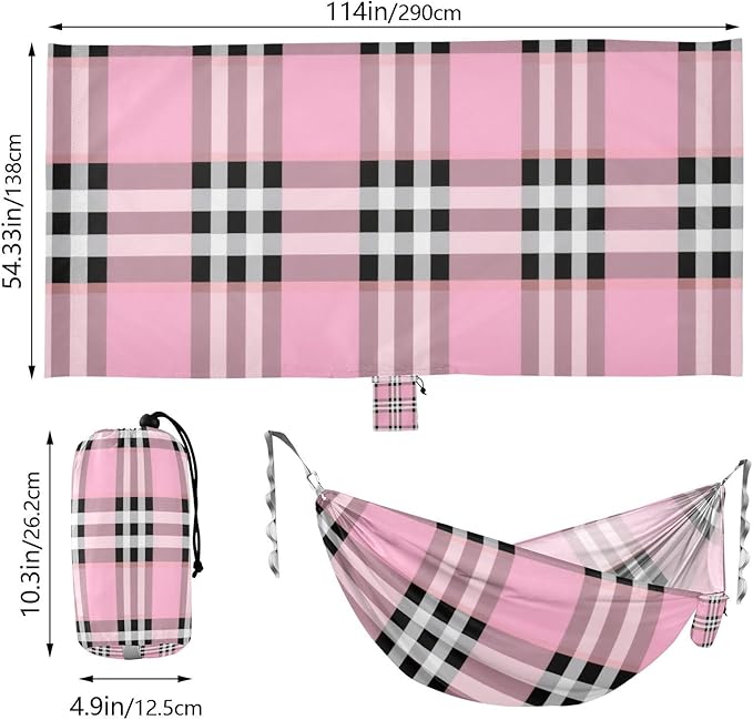 Black White Pink Checkered Plaid 330lb Capacity Camping Hammocks with Portabl Carry Bag Swing Hammock for Indoor Outdoor Patio Silla colgante para Patio Exterior