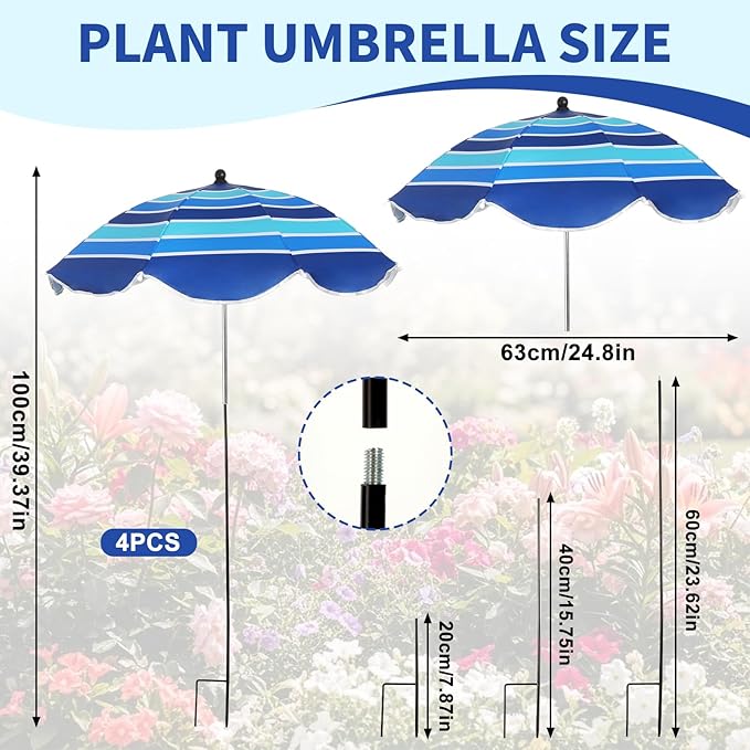 4 Pack Plant Umbrellas for Outdoor Plants 25" Larger Garden Umbrella Sun Shade with Adjustable Angle 40" Higher Sun Protection Cover Shade for Plants, Potted Flower,Garden Bed