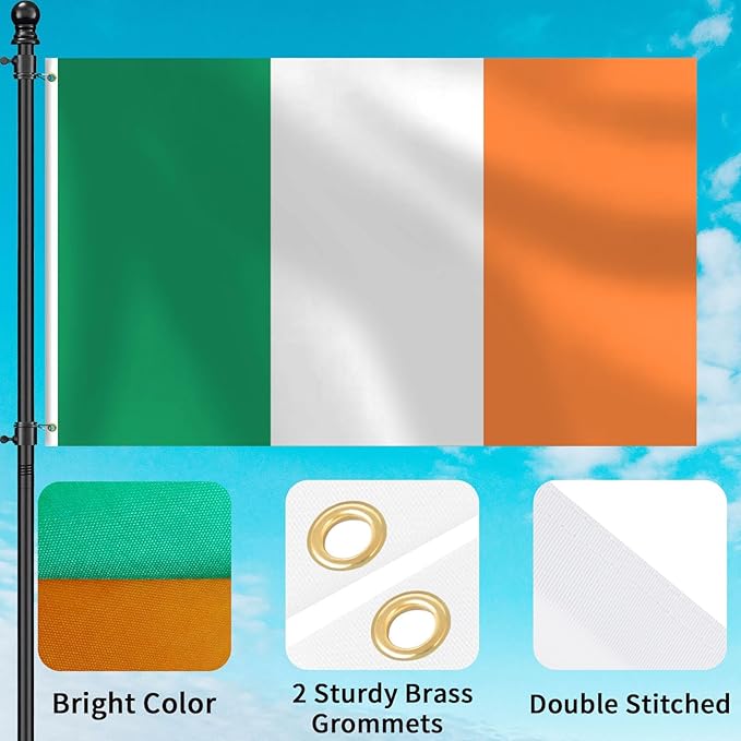 Irish Flag 3x5 FT Heavy Duty Ireland Flag Double Stitched Vivid Color Fade Proof Outdoor Decor With Brass Grommets(Ireland)