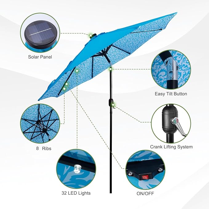 Backyard Expressions 9FT Solar Patio Umbrella with 32 LED Lights, UPF50+ UV Protection, Fade-Resistant Fabric, Easy Tilt & Crank, Outdoor Umbrella for Patio, Deck & Pool (Base Not Included)