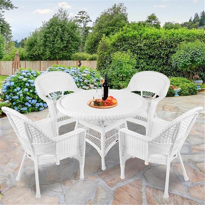 Pemberly Row 5-Piece Resin Wicker Outdoor Patio Dining Set, White Finish, Includes 4 Chairs and 1 Table, Steel Frame, All-Weather Fade-Proof Wicker, Durable Design for Deck, Patio, or Poolside Use