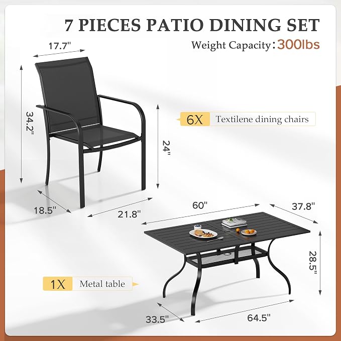 7-Piece Patio Dining Set,6 Person Outdoor Table and Chairs Set, 6 Metal Dining Chairs and Rectangular Outdoor Table with 1.57" Umbrella Hole,Black