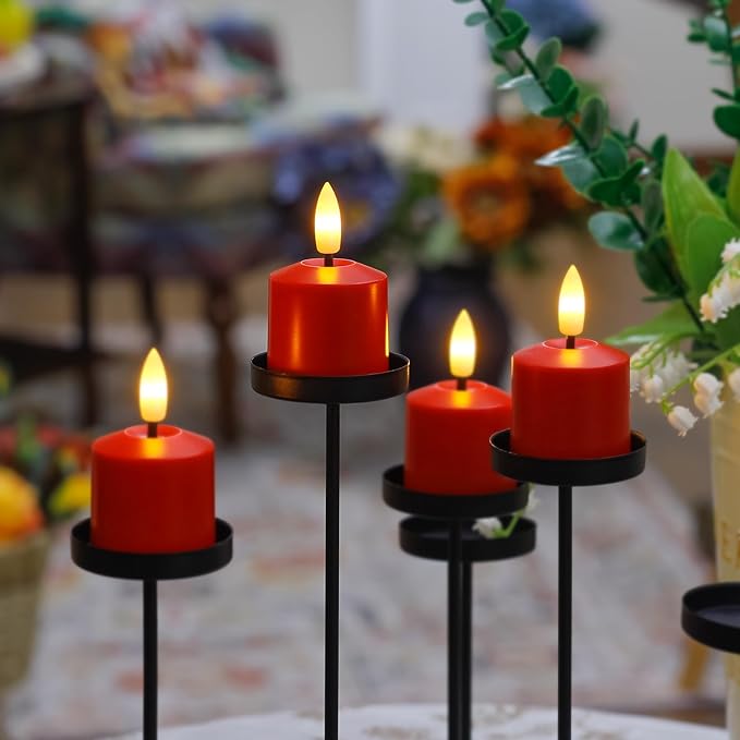 Small Flickering Tea Light Flameless Candles with Battery and Remote,1.5" x2.5" Red LED 2/4/6/8H Timer Votive Battery Operated Pillar Plastic Long Lasting 6pcs Tealight Candles