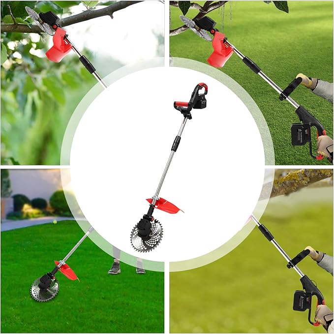 Weed Trimmer, 21V Cordless Weed Eater Electric Brush Cutter Lawn with 2 30000mAh Batteries and 3 Types Blades, Free Telescoping