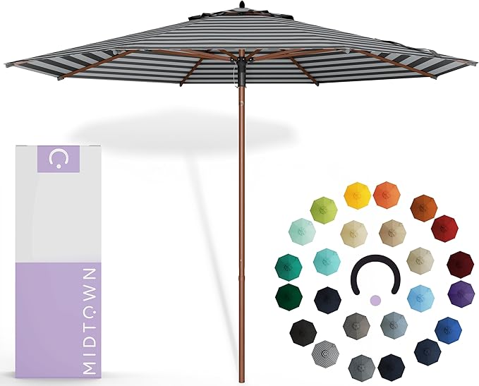 Midtown Umbrellas The Wooden 10 Feet Patio Umbrella With Sunbrella Black & White Acrylic Fabric - Aluminum Frame Market Umbrella For Backyard, Deck, Garden, Pool - Wooden Pole