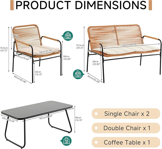 4-Piece Patio Conversation Set with Cushions, Outdoor Wicker Bistro Furniture with Rectangle Tempered Glass Coffee Table, All-Weather Rattan Loveseat Chairs for Porch, Backyard, Deck, Garden