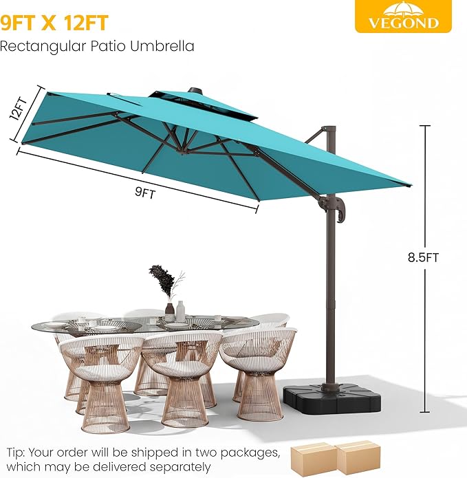 VEGOND 9x12 FT Patio Cantilever Umbrella with Base, Rectangular Heavy Duty Offset Umbrella for 6-8 People, 360°Rotation & Mult Tilt, Double Top Design, for Pool Garden Deck (Turquoise)
