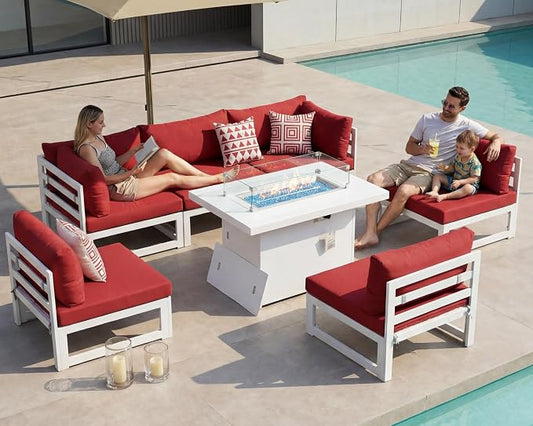 BULEXYARD 6 Person Oversized Modular Aluminum Outdoor Furniture Set with Fire Pit Table, 29 inch Deep Wide Sectional Seating, 500 lbs High Weight Capacity Patio Conversation Set for Garden, Burgundy