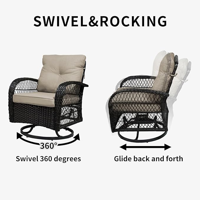 SHGJ&SOFT 3 Piece Patio Furniture Set, 2 Outdoor Swivel Rocking Chairs with Side Table, Wicker Glider Chairs, All-Weather Rattan Bistro Set for Porch, Deck, Pool (Khaki, Brown Open-Weave Rattan)