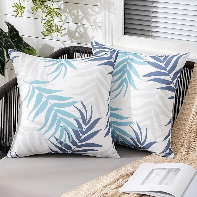 MIULEE Pack of 2 Decorative Outdoor Waterproof Throw Pillow Covers Patio Pillow Cases Natural Leaves Pattern Spring Square Cushion Shams Shell for Garden Balcony Couch 16x16 Inch, Blue