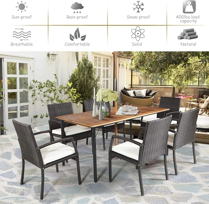 COSTWAY 7-Piece Outdoor Patio Furniture Set, Rattan Dining Table & Chairs with Cushions, Umbrella Hole & Tempered Glass Tabletop, Modern Garden Rattan Set for Backyard, Poolside, Balcony (White)