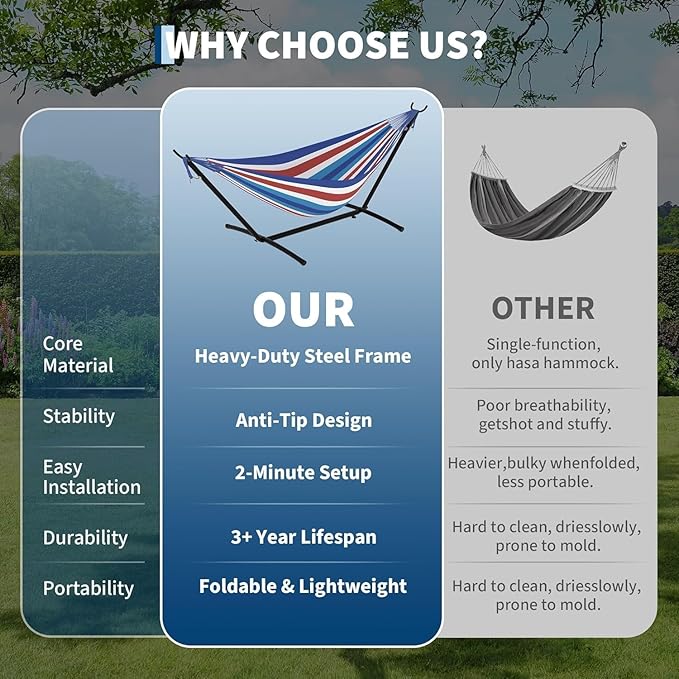 Double Hammock with Steel Stand, Outdoor Portable Hammocks Accommodates with 450Lb Capacity 2 People& Portable Carry Bag for Outside Camping Garden Yard,Blue+Red