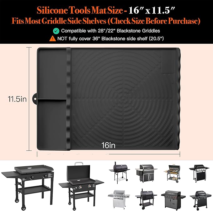 Silicone Grill Mat for Blackstone - BBQ Griddle Tools Side Mat with Drip Pad, Griddle Tools Mat for Outdoor Kitchen Countertop, BBQ Grill Accessories Gifts for Men (Black-2Pack)