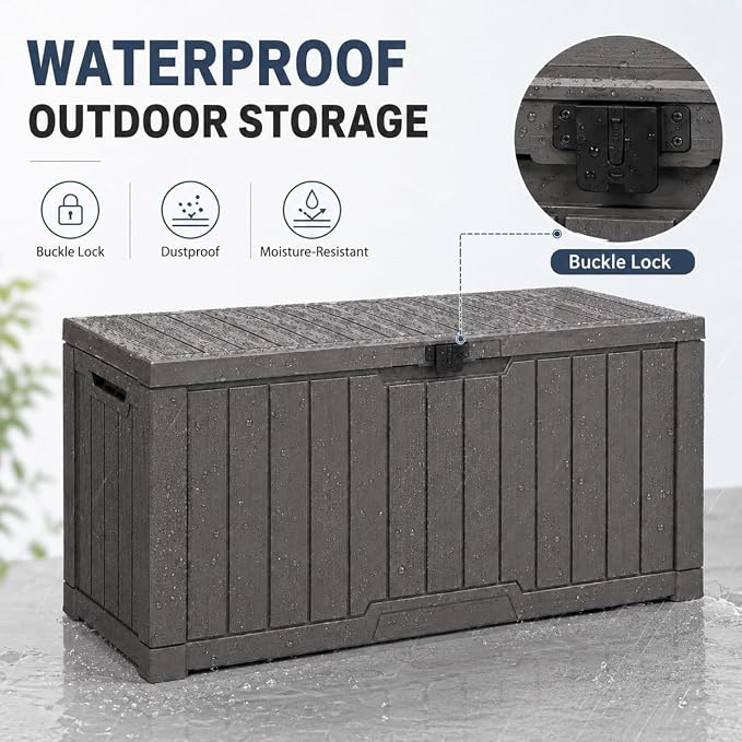 Outdoor Storage Box, Waterproof Deck Box with Buckle Lock, Patio Storage Box for Cushions and Outdoor Toy Storage, 30/60/80/100/120 Gallon PP Bench or Side Table for Patio Garden Backyard(120 Gallon)