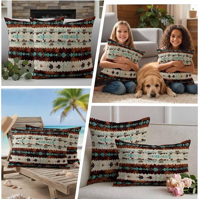Western Aztec Outdoor Pillow Covers 26"x26" Set of 2, Brown Turquoise Tribal Ethnic Geometric Waterproof Throw Pillow Covers for Patio Furniture, Decorative Cushion Covers for Porch